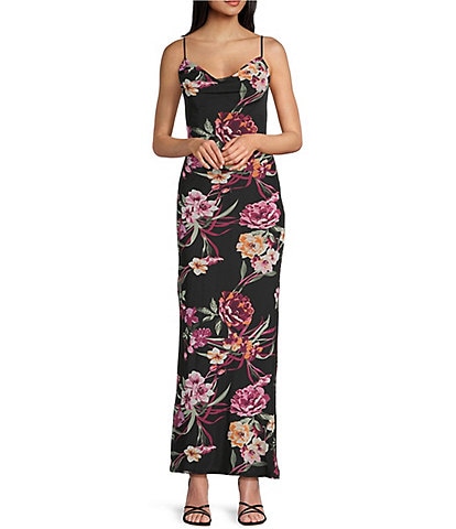 B. Darlin Floral Print Mesh Cowl Neck Side Slit Maxi Dress