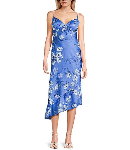 B. Darlin Floral Print Satin V-Neck Tie Front Asymmetrical Ruffle Hem Midi Dress
