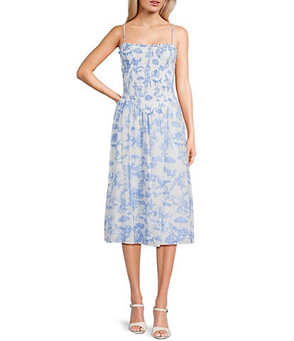 B. Darlin Floral Print Smocked Bodice Midi Dress