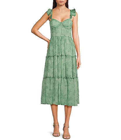 B. Darlin Floral Print Sweetheart Neck Ruffle Sleeve Corset Layered Midi Dress