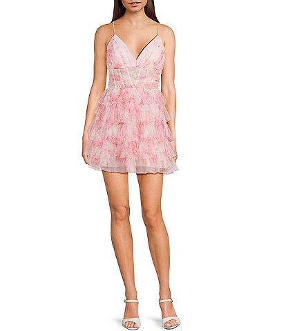 B. Darlin Floral Sleeveless Spaghetti Strap V-Neck Ruffled Tiered Dress
