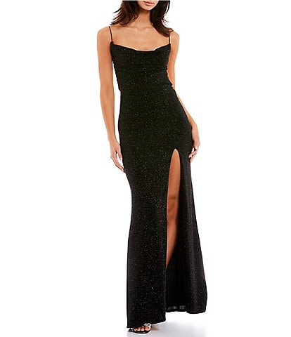 B. Darlin Glitter Cowl Neck Front Slit Long Dress