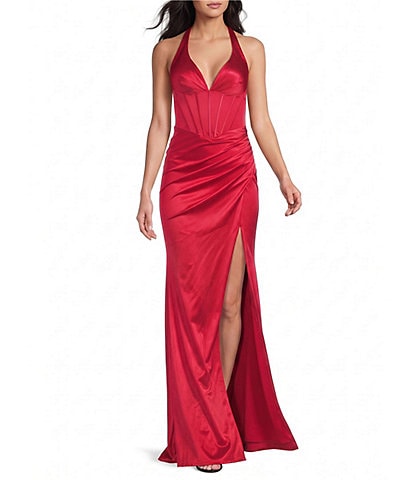B. Darlin Halter V-Neck Corseted Ruched Side Slit Long Dress