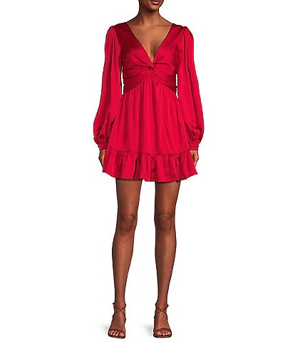 B. Darlin Long Sleeve V-Neck Knot Bubble Twist Satin Dress