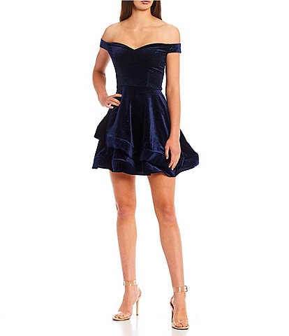 B. Darlin Off-The-Shoulder Notch Glitter Velvet Dress