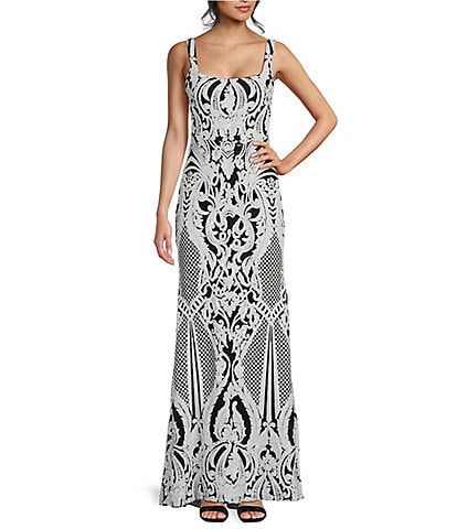 B. Darlin Placement Sequin Sleeveless Square Neck Long Dress