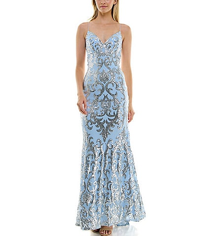 B. Darlin Placement Sequin Strappy Back Long Gown