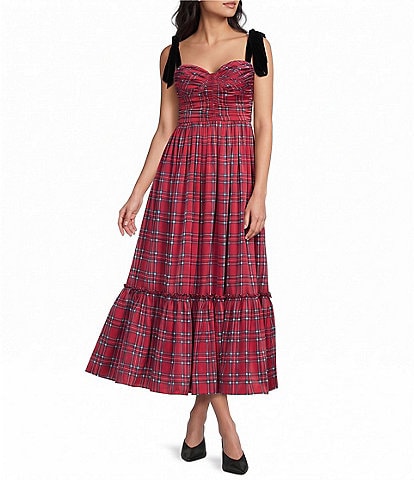 B. Darlin Plaid Sweetheart Neck Tie Strap Bustier Midi Dress
