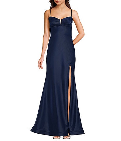B. Darlin Pleated V-Neck Lace Up Back Long Dress