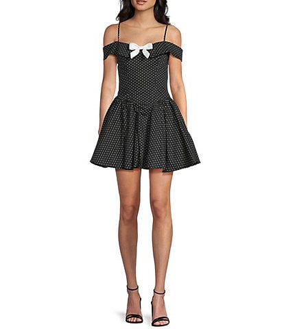 B. Darlin Polka Dot Off-The-Shoulder Bow Front Drop Waist Mini Dress