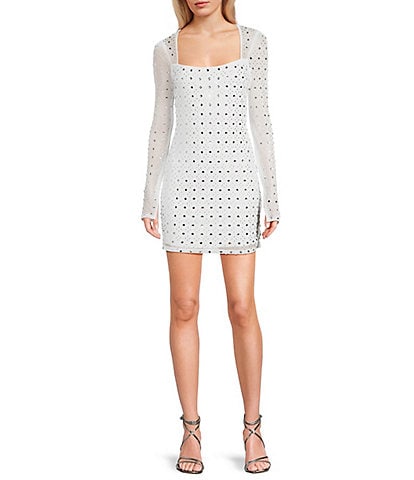 B. Darlin Power Mesh Allover Rhinestone Long Sleeves Square Neck Dress