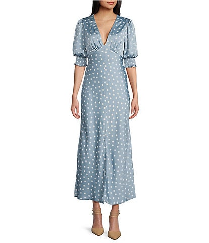B. Darlin Satin Dotted Print Short Sleeve Maxi Dress