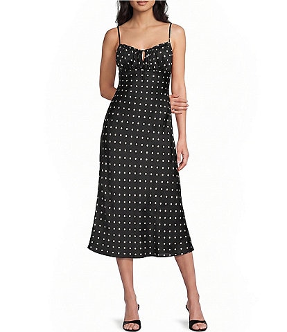 B. Darlin Satin Polka Dot Scoop Neck Tie Front Midi Dress