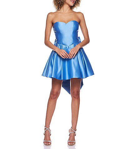 B. Darlin Satin Strapless Sweetheart Neck Bustier Bodice Bow Back Party Dress