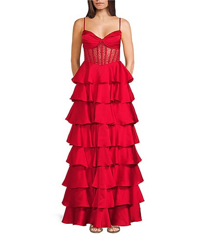 B. Darlin Satin Sweetheart Neck Stone Embellished Illusion Corseted Bodice Tiered Ballgown