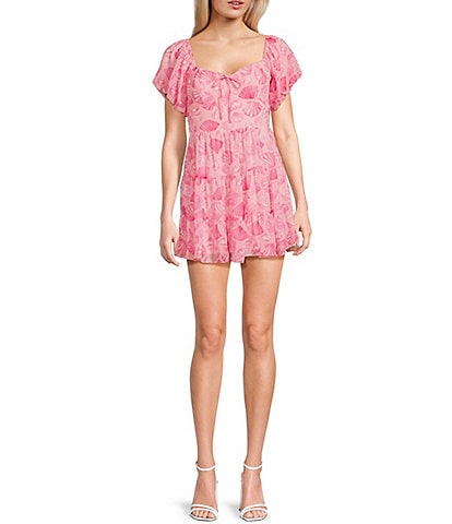 B. Darlin Seashell Print Puff Sleeve Empire Waist Lace Trim Dress