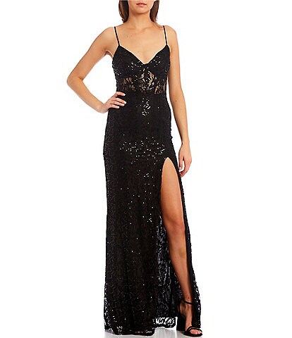 B. Darlin Sleeveless Sequin-Embellished Illusion-Lace High Slit Long Dress