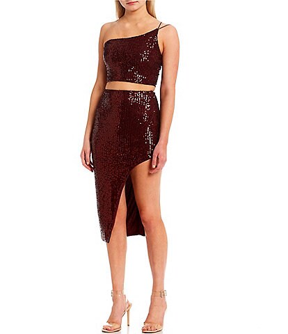 B. Darlin One Shoulder Ribbed Sequin-Embellished Asymmetrical Midi Two-Piece Dress