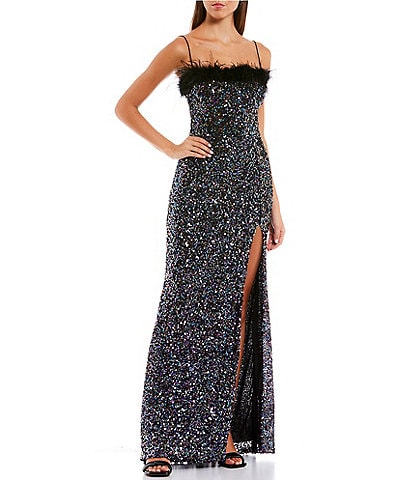 B. Darlin Sequin Feather Trim Long Gown