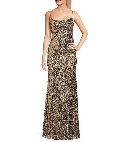 Gold Sequin Halter Choker Neck High Slit Prom Dress - Promfy