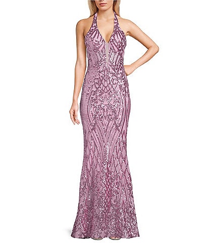 B. Darlin Sequin Pattern Halter V-Neck Contrast Inset Dress