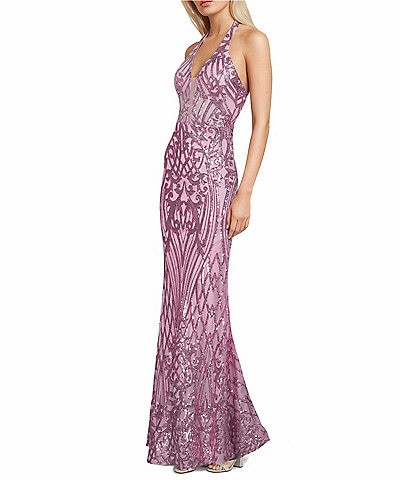 B. Darlin Sequin Pattern Halter V-Neck Contrast Inset Dress