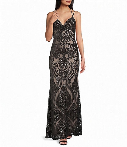 B. Darlin Sequin Pattern V-Neck Double Spaghetti Strap Lace Up Back Dress