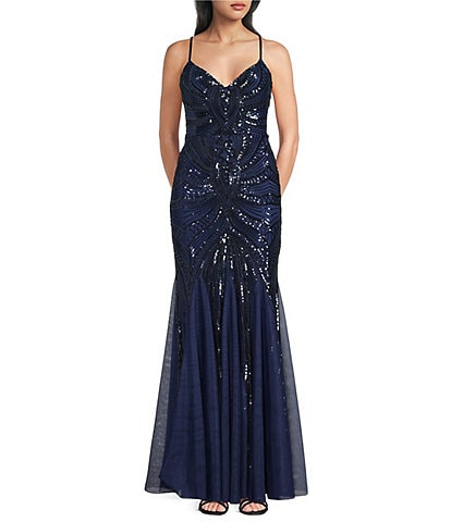 B. Darlin Sequin Sheer/Nude Pattern V-Neck Spaghetti Strap Lace Up Back Dress