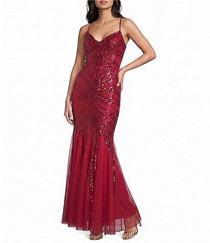  Sequin Sheer/Nude Pattern V-Neck Spaghetti Strap Lace Up Back Dress