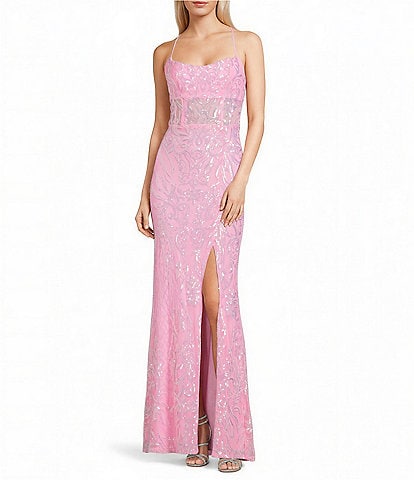 B. Darlin Sequin Patterned Scoop Neck Illusion Bodice Side Slit Lace Up Back Dress