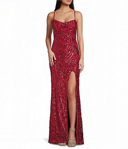 B. Darlin Sequin Patterned Scoop Neck Lace Up Back Dress