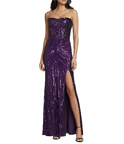 B. Darlin Sequin Patterned Strapless Corseted Lace Up Back Side Slit Dress