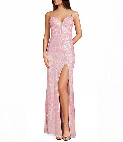 B. Darlin Sequin Patterned Sweetheart Neck Mesh Inset Front Slit Long Dress