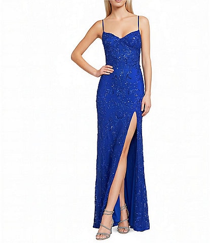 B. Darlin Sequin Patterned V-Neck Side Inset Lace Up Back Long Dress