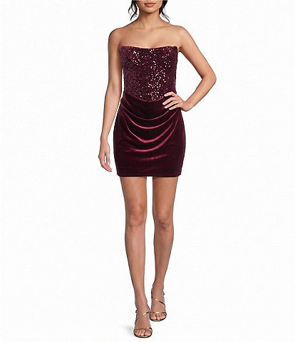 B. Darlin Sequin Strapless Corseted Bustier Velvet Draped Dress