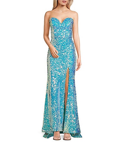 B. Darlin Sequin Strapless Sweetheart Lace-Up Back Long Dress