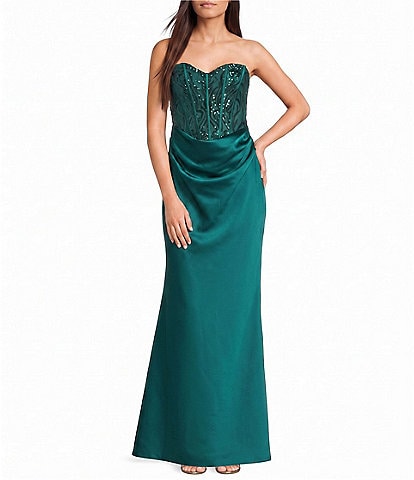  Sequined Satin Strapless Corseted Drape Front Godet Dress