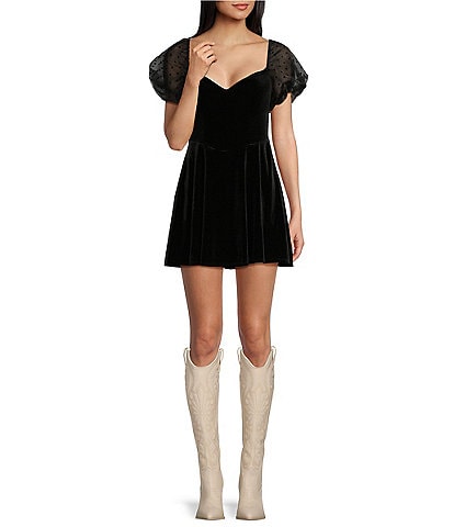B. Darlin Short Dot Puff Sleeve Velvet Fit-And-Flare Dress