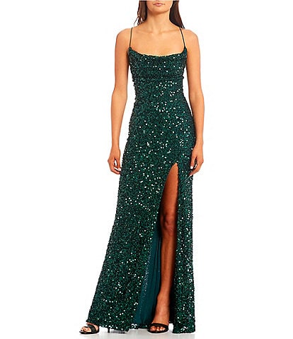 B. Darlin Cowlneck Sequin-Embellished High Slit Hem Ball Gown