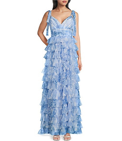 B. Darlin Sleeveless Floral Printed Mesh Shirred Illusion Bodice Tiered Ruffle Ballgown