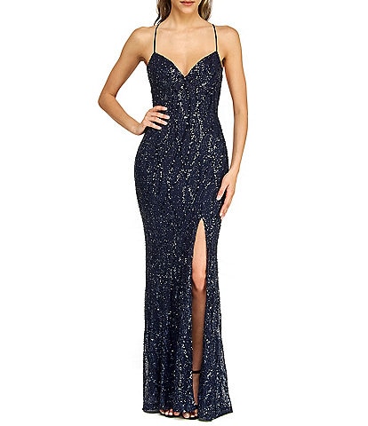 B. Darlin Sleeveless Sequin-Embellished Bugle-Beaded Mesh Ballgown