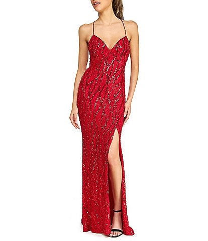 B. Darlin Sleeveless Sequin-Embellished Bugle-Beaded Mesh Ballgown
