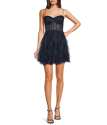 B. Darlin Spaghetti Strap Sweetheart Bustier Illusion Bodice Dress
