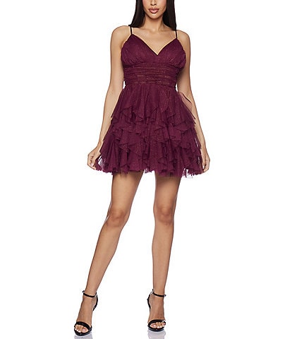 B. Darlin Spaghetti Strap V-Neck Cascading Ruffles Dress