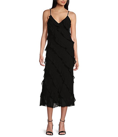 B. Darlin Spaghetti Strap V-Neck Midi Ruffle Dress