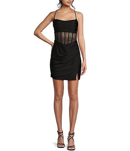 B. Darlin Spaghetti Strap Cowl Neck Shirred Detail Slim Dress