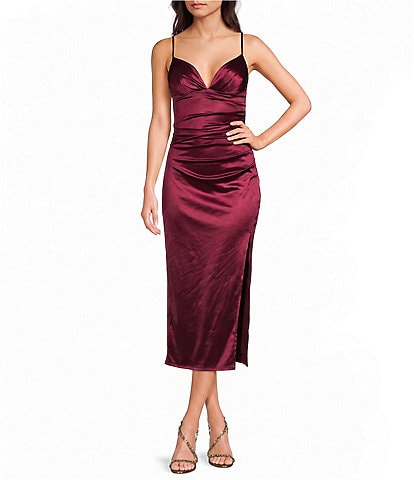 B. Darlin Spaghetti Strap V-Neck Shirred Satin Midi Dress