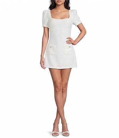 B. Darlin Square Neck Puff Sleeve Boucle Dress