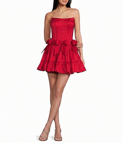 B. Darlin Strapless Corseted Bow Trim Ruffled Dress