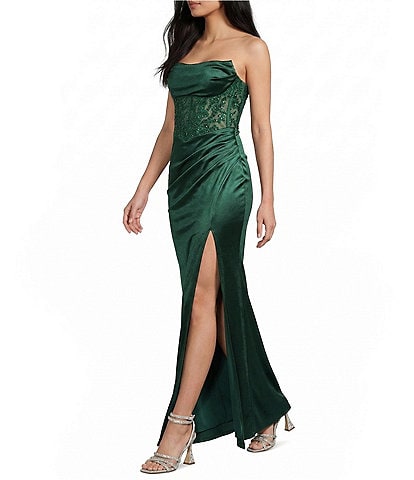 B. Darlin Strapless Sweetheart Drape Neck Appliqued Illusion Corseted Bustier Long Dress